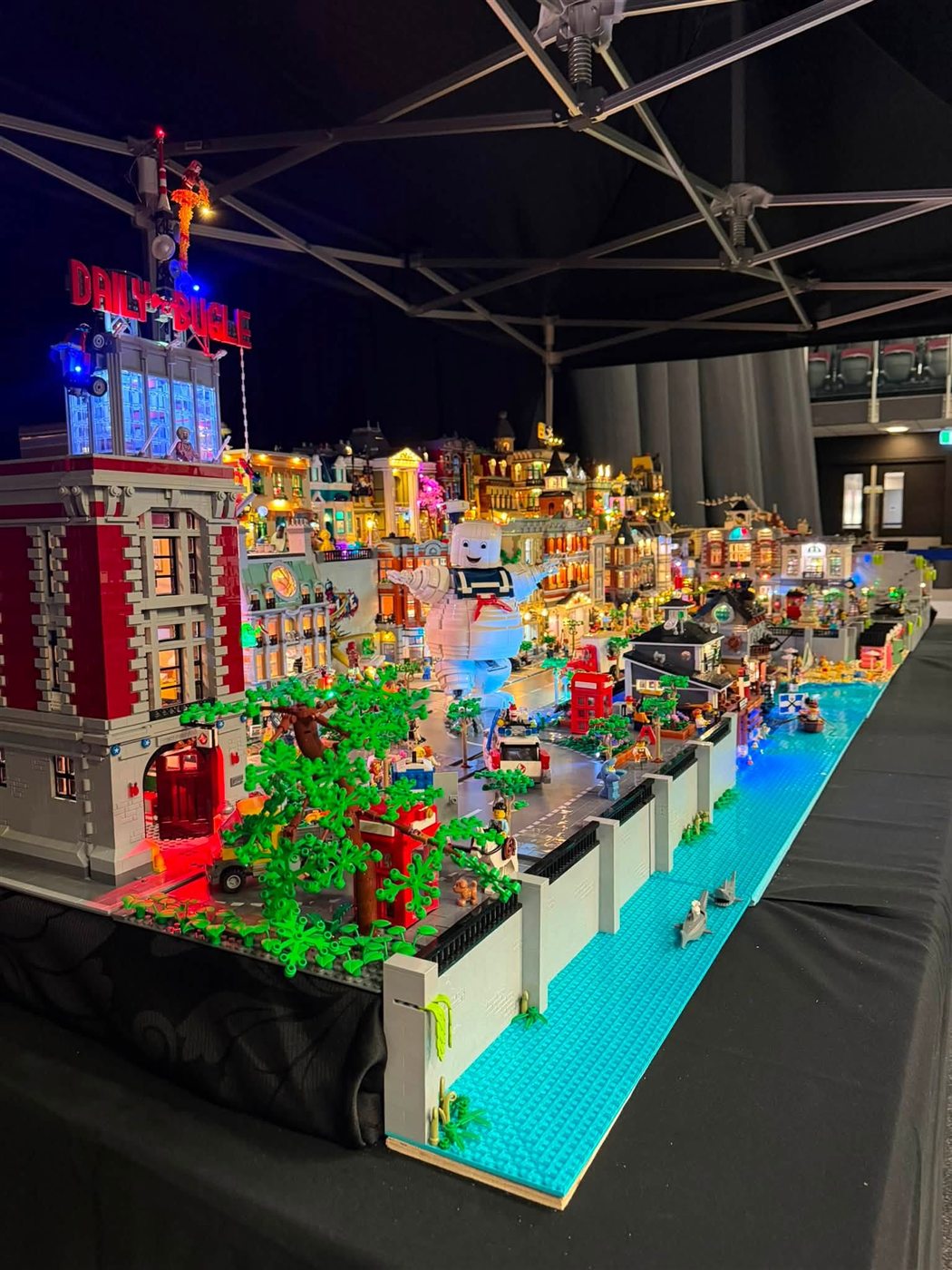 A lit-up LEGO cityscape