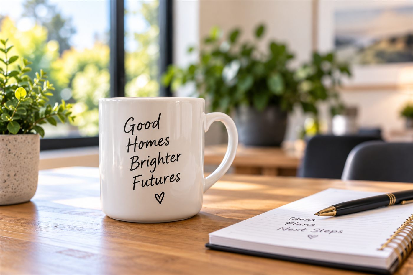 A coffee mug and notebook on a table in a bright home