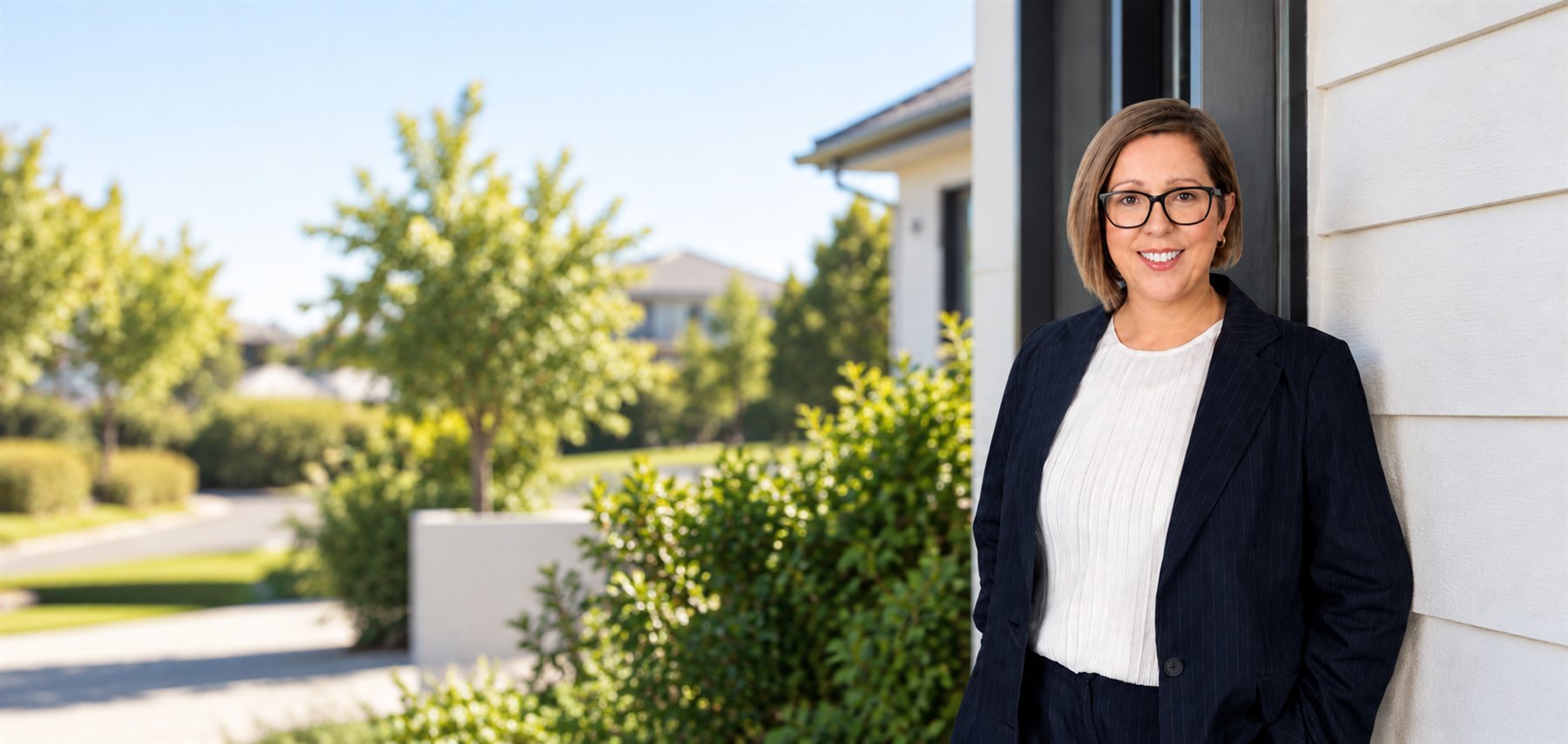 Michelle Findlater standing beside a modern home on a sunny Invercargill street