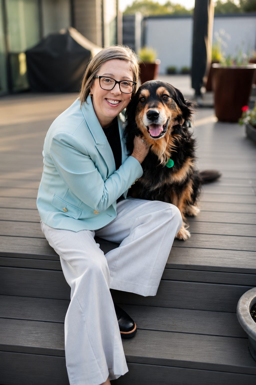 Michelle with her dog on the deck
