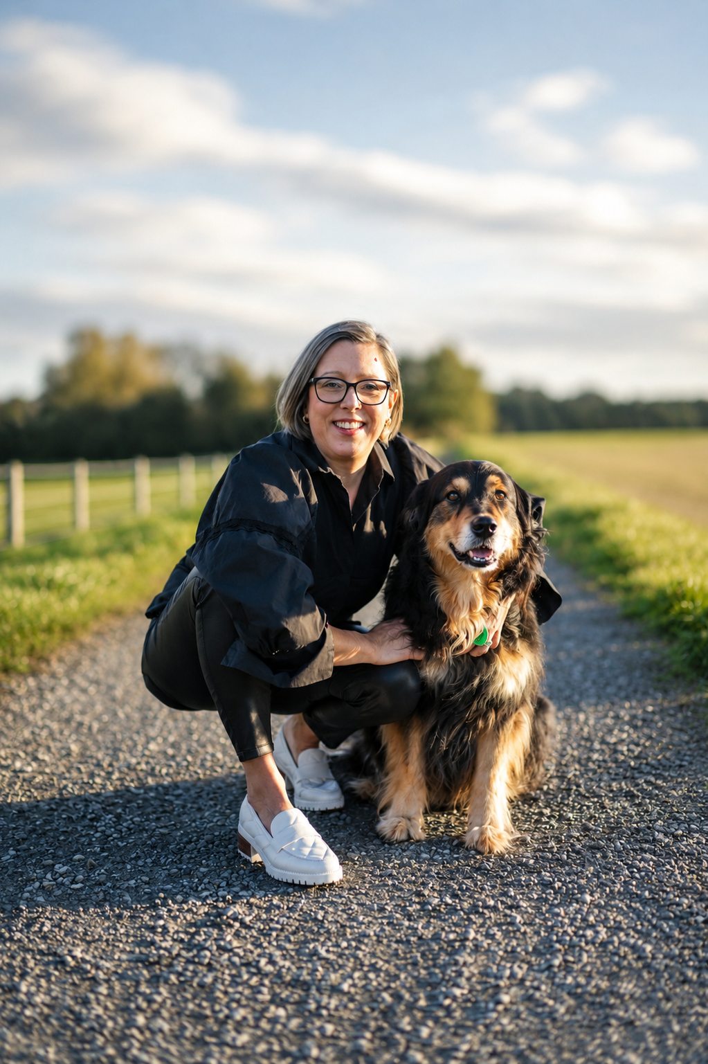 Michelle Findlater with her dog on a country path