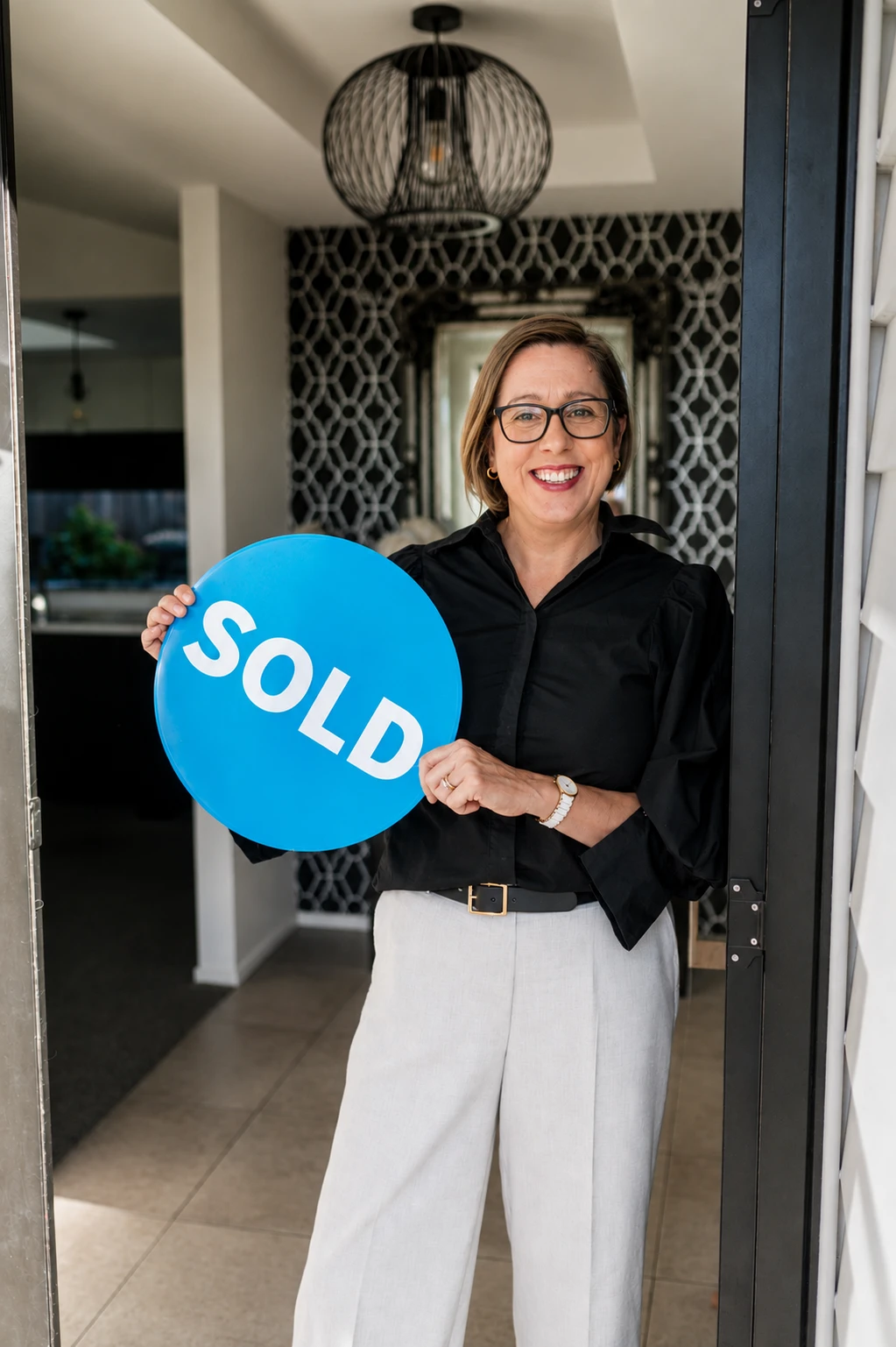 Michelle Findlater holding a SOLD sign at the door of a home